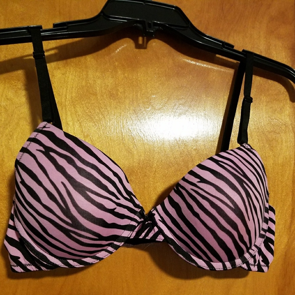 Pink and black zebra striped Maidenform bra